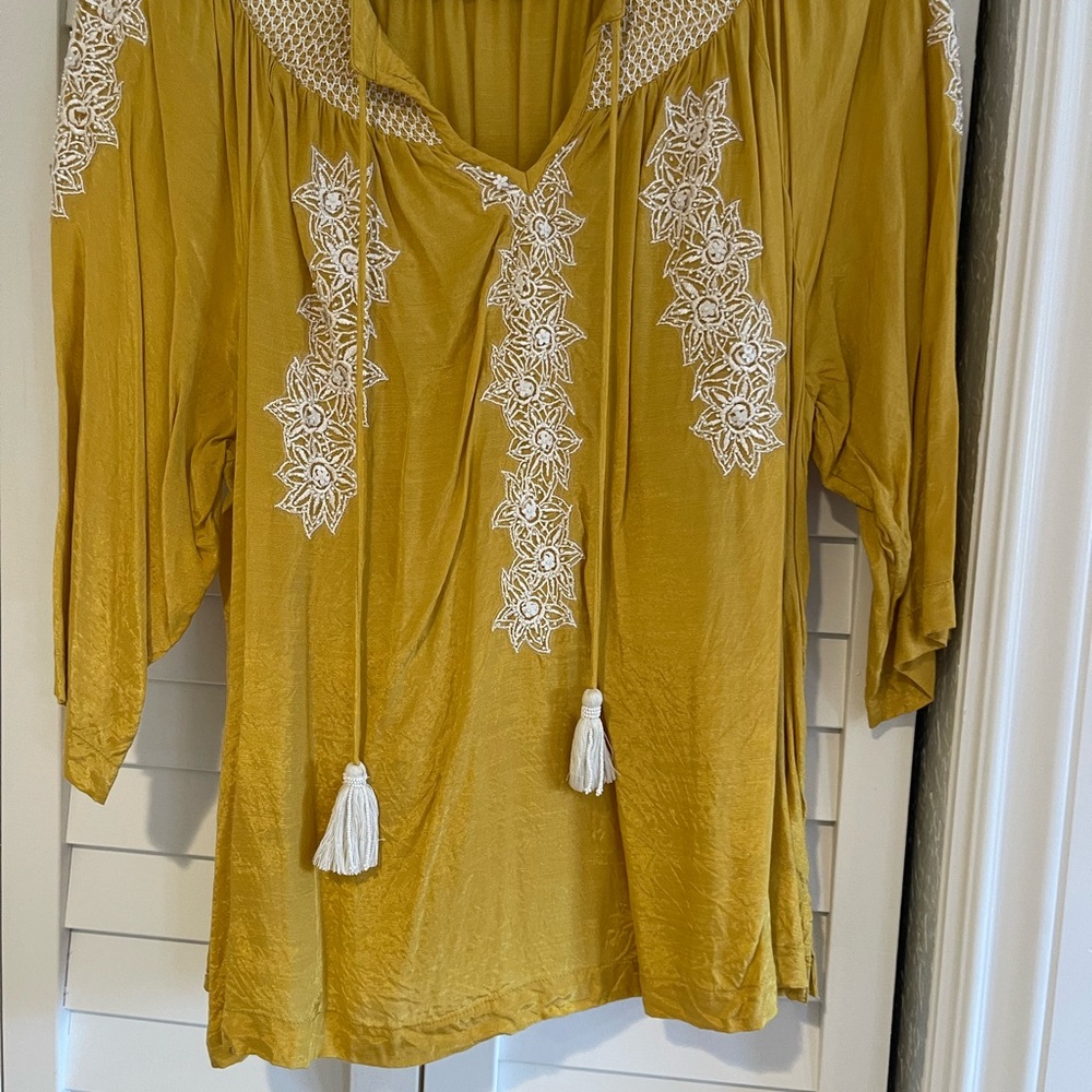 Soft Surroundings Mustard Yellow Embroidered Tassel Tunic
